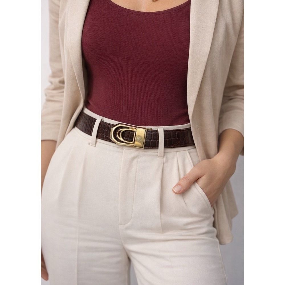 Brown Gator Design Belt with Gold Hardware Buckle